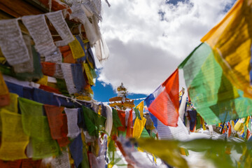 The beautiful views of Colorful prayer flags Norther part of Ladakh India.