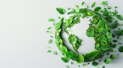 A graphic design of a globe made entirely out of green leaves representing the idea of a sustainable and ecofriendly world..