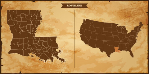Louisiana state map, United States of America map with federal states in A vintage map based background, Political USA Map