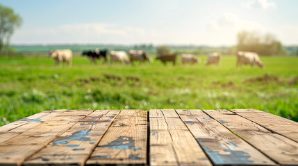 Wooden board with cows in the background created with Generative Ai technology