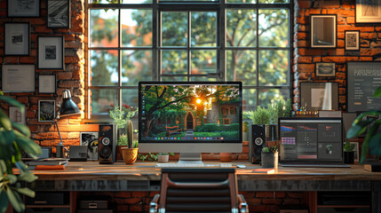 Creative Workspace with Lush Greenery and Tech Gear. Inviting creative workspace filled with plants, an organized desk with high-tech gear, against a backdrop of a large window and brick walls. - obrazy, fototapety, plakaty