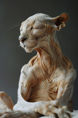 animal art, sphynx cat with body made of wood, clay sculpture, taxidermy, photorealistic // ai-generated 