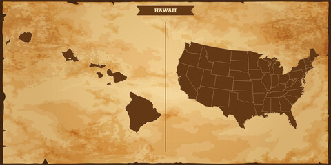Hawaii state map, United States of America map with federal states in A vintage map based background, Political USA Map - obrazy, fototapety, plakaty