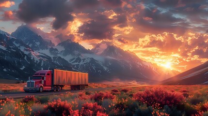 Tranquil Road Trip: Semi-Truck Traveling Through Mountain Sunset