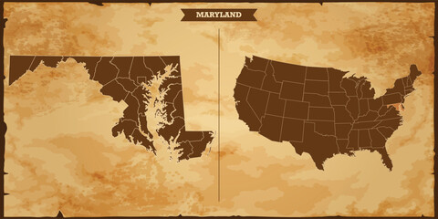 Maryland state map, United States of America map with federal states in A vintage map based background, Political USA Map - obrazy, fototapety, plakaty