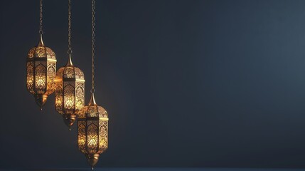 a group of Ramadan lanterns hanging on the left side on an empty orange background, in the style of light navy and light gold