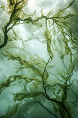 Seaweed swaying in the currents, with their sinuous forms and intricate fronds creating a mesmerizing minimalist composition 