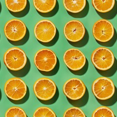 A pattern of halved oranges on a green background.
