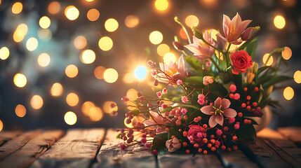 Wedding flowers bouquet on table bokeh background. Greeting card background with space for text