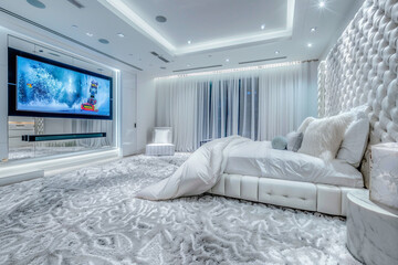 Luxurious white master bedroom with a floor-to-ceiling velvet headboard, plush carpets, and a discreetly hidden television.