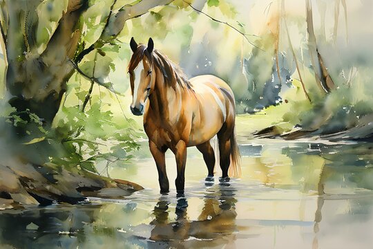 Draw an image of a horse in watercolor. Generative AI