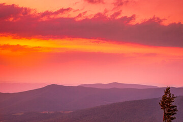 Vibrant sunrise over the Ble Ridge Mountains in North Carolina