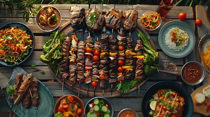 Middle eastern, arabic or mediterranean dinner table with grilled lamb kebab, chicken skewers with roasted vegetables and appetizers variety serving on rustic outdoor table, Overhead view