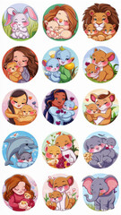 A collection of twelve diverse and adorable mother figures as cartoon stickers