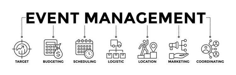 Event management banner icons set for business meeting and discussion with black outline icon of target, budgeting, scheduling, logistics, location, marketing, and coordination