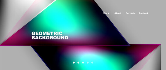 A geometric background featuring colorful triangles in shades of magenta, violet, and electric blue on a gray background