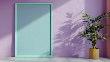 One large aqua frame on a soft purple wall, perfect for showcasing vibrant modern art in a minimalist setting