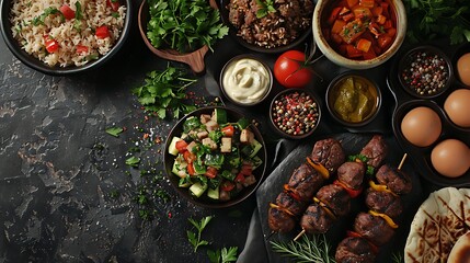 Middle eastern or arabic dishes and assorted meze on a dark background, Meat kebab, falafel, baba...