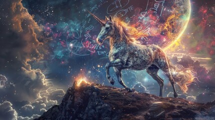 Obraz premium A majestic unicorn its coat shimmering with celestial stardust stands on a mountaintop adorned with symbols of the zodiac. As it lowers . .