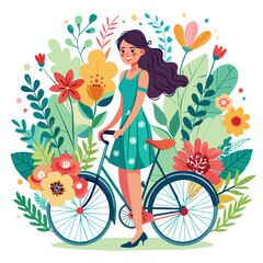 Fototapeta na wymiar illustration capturing the essence of summer with a beautiful girl riding a bicycle through a field of blooming flowers