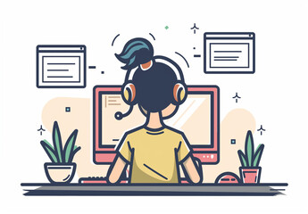 Fototapeta premium A vibrant illustration depicting a person from behind sitting at a work desk with a computer and headphones