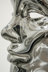 sculpture made of mercury, silver female mask, liquid face, polished metal, chrome statue, white background, portrait format, photorealistic // ai-generated 