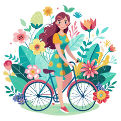 illustration capturing the essence of summer with a beautiful girl riding a bicycle through a field of blooming flowers