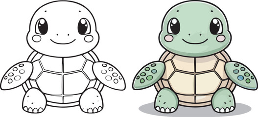 Cute cartoon character turtle, line drawings and colorful coloring pages.