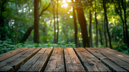 Wooden board with a forest in the background created with Generative Ai technology