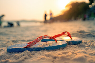 Golden hour light on a pair of flip-flops left on a sandy beach with people in the distance