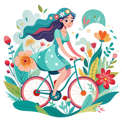 illustration capturing the essence of summer with a beautiful girl riding a bicycle through a field of blooming flowers