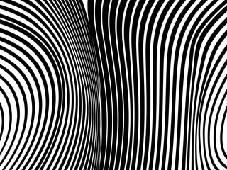 Abstract hypnotic wave pattern with black-and-white striped lines. Psychedelic background. Op art, optical illusion. Modern design, graphic texture.