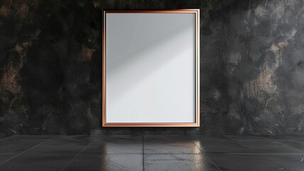 Single large rose gold frame on a matte black wall, designed for a luxurious and modern art exhibition