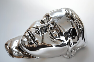 sculpture made of mercury, silver male mask, liquid face, polished metal, chrome statue, light grey background, landscape format, photorealistic // ai-generated 