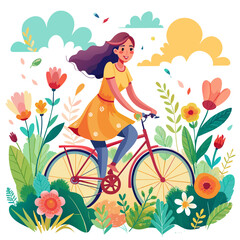 illustration capturing the essence of summer with a beautiful girl riding a bicycle through a field of blooming flowers