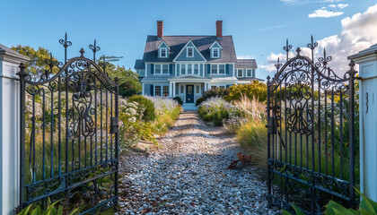 Soft powder blue Cape Cod style vacation home, with a cobblestone path leading to a vintage wrought iron gate.