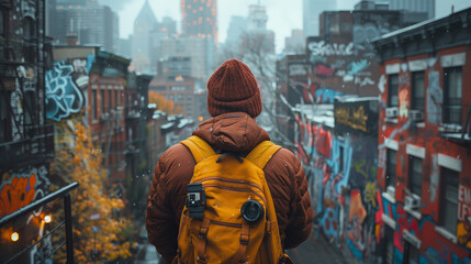 Obraz premium A photographer in a jacket takes pictures on the street