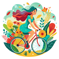 illustration capturing the essence of summer with a beautiful girl riding a bicycle through a field of blooming flowers