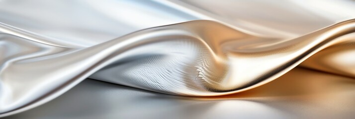 A closeup of the edge of two shiny, metallic sheets, one in light silver and another in pale gold, with gentle curves and soft edges that suggest their smooth texture