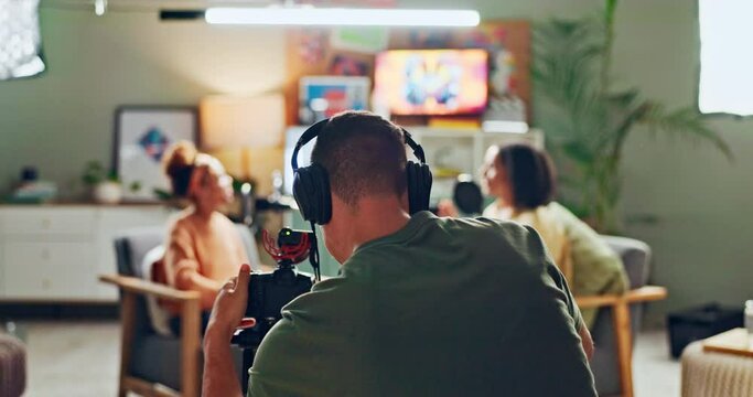 Interview, countdown and women in living room for social media, discussion or live streaming talk show. Podcast, content creation or cameraman back in studio hosting current events, news or broadcast