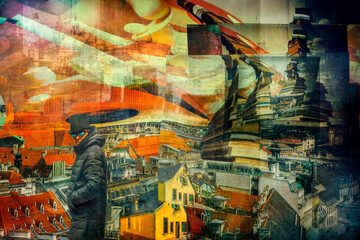 Abstract image of a person in a city and of different geometric shapes