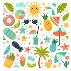 cute summer holiday beach elements. Hello summer lettering. Cartoon vector illustration.