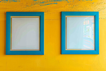 Two sky blue frames on a mustard yellow wall, creating a cheerful and inviting space for modern art galleries