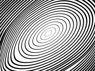 Abstract hypnotic wave pattern with black-and-white striped lines. Psychedelic background. Op art, optical illusion. Modern design, graphic texture.