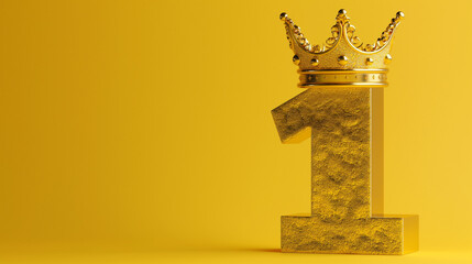 A bold, golden number one stands proudly with a regal crown on top, against a monochromatic yellow background, denoting top ranking or status