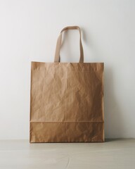 A simple shopping bag in brown paper material isolated on a white background. with empty copyspace usable for logo or text.
