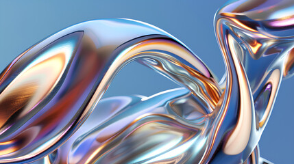 Reflective Elegance, 3D Twisted Chrome Sculpture on Sky Blue Background with Copy Space
