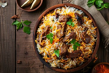 Delicious and spicy indian meat biryani in traditional pot, wood background.