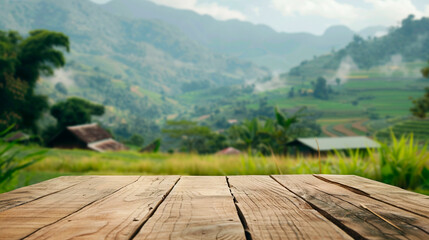Wooden board with a forest in the background created with Generative Ai technology