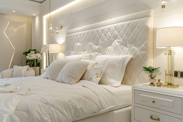 White master bedroom with a bespoke quilted headboard, matching white nightstands, and delicate gold accents.